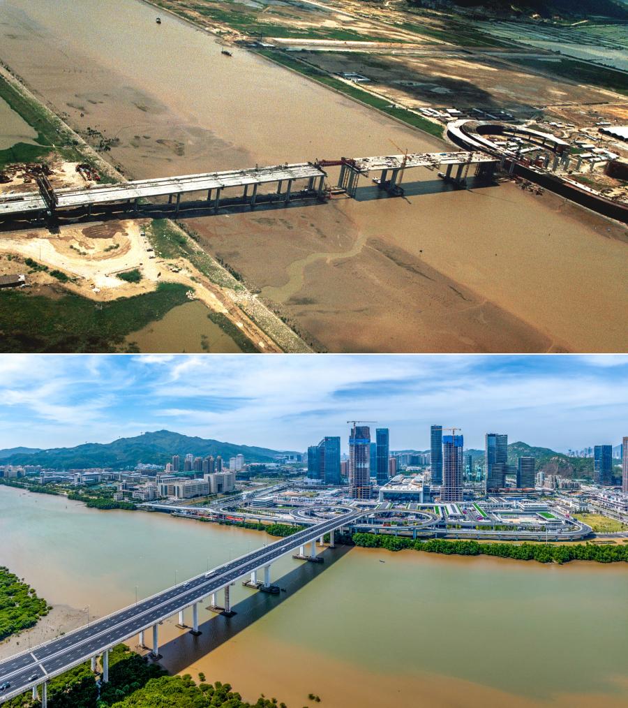 莲花大桥与横琴(上图摄于1999年,下图摄于2024年)。图片来源 新华社